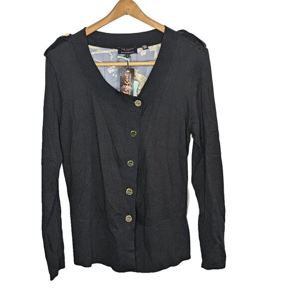 Ted Baker London Sweater Cardigan Black Floral Back Gold Buttons Size 4 / 10 - Picture 1 of 9